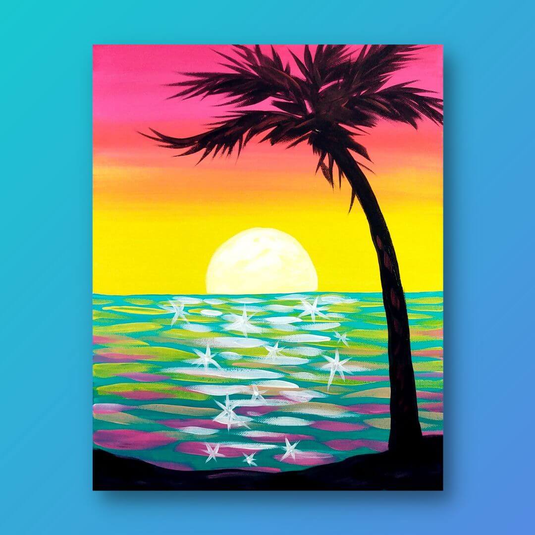How To Paint a Sunset with Palm Trees --Art Lesson for Kids 