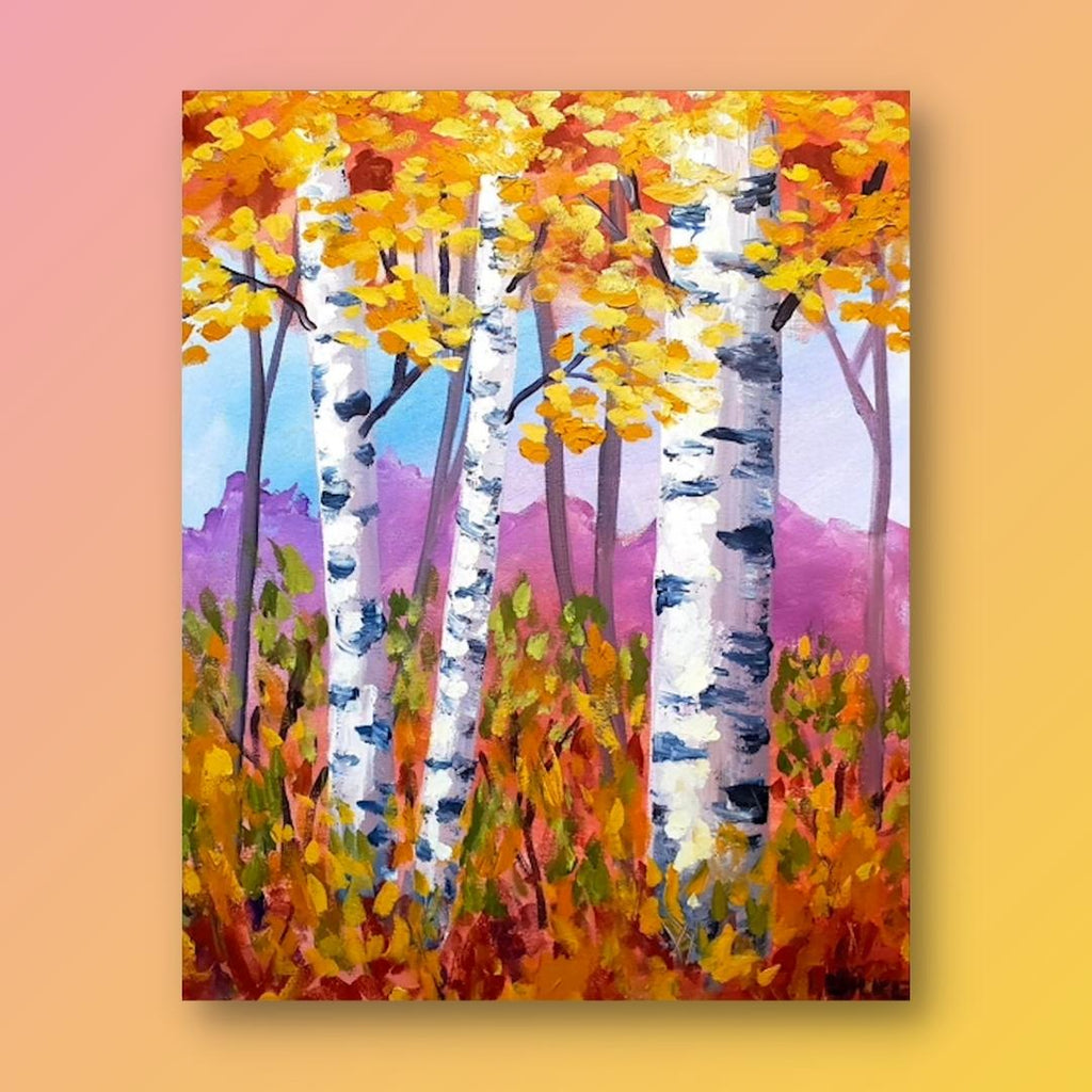 Trees Abstract, birch trees, Painting, 12 x 24 inches, white brown cheapest and orange color, gold tones